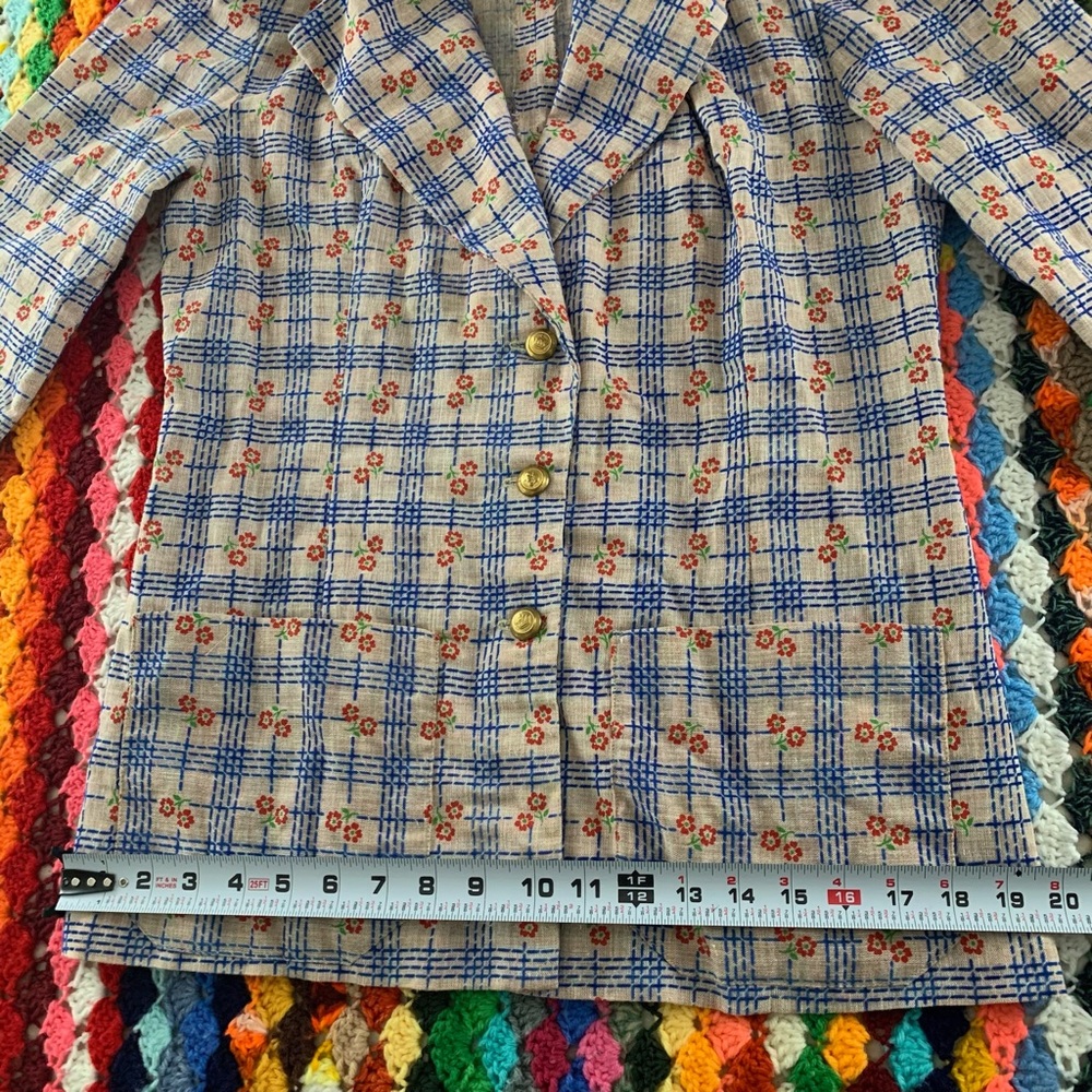 Vintage 1970s Daisy Floral Plaid 3 Button Statement Blazer Oversized Han… - Picture 12 of 15